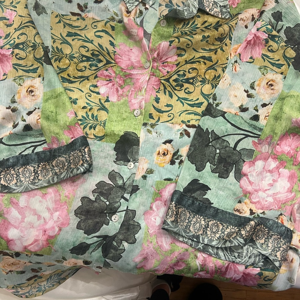 Zara Sheer Floral Patchwork Button Down Blouse Li… - image 4